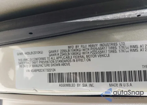 2007 Subaru Outback 2.5I Limited from USA, damaged, VIN 4S4BP62CX77322124